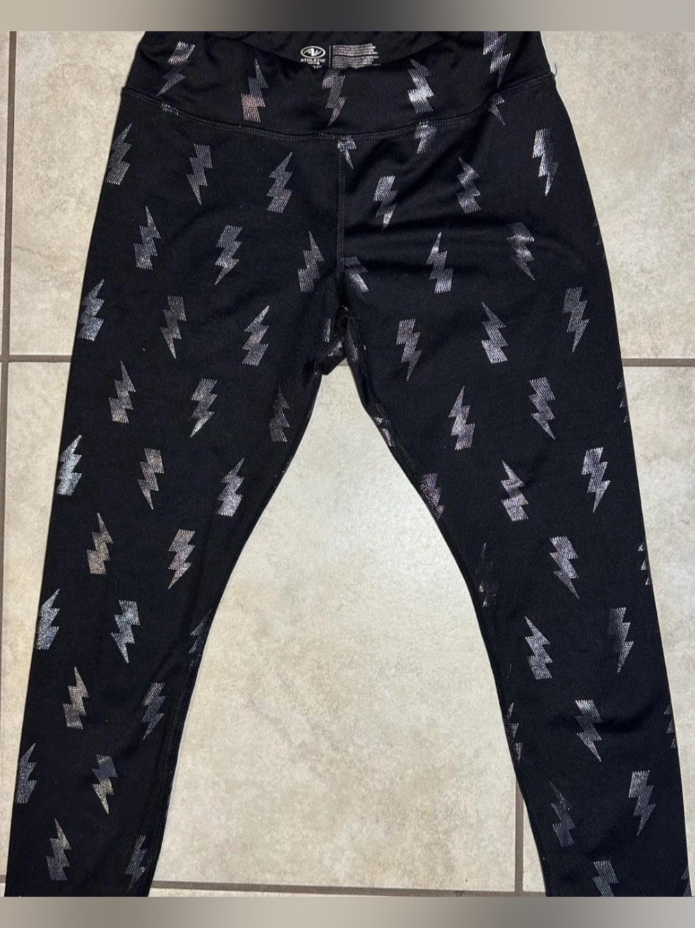 Athletic Works Black Leggings with Silver Lightning Print